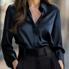 Blusa elegante de manga larga de satén negro para mujer, camisa con | Ropa de mujer · Omeda.es