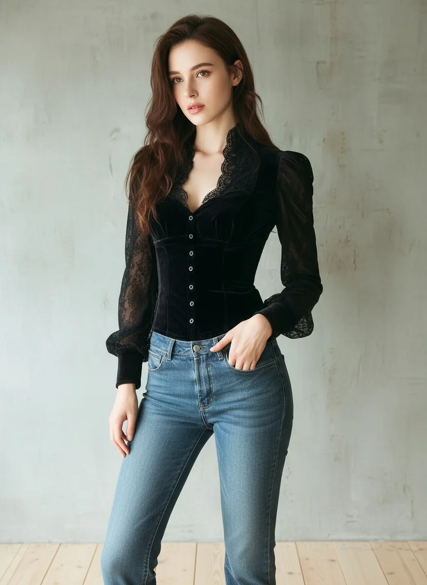 Blusa elegante para mujer, adorno de encaje, Secy, cuello en V, | Ropa de mujer · Omeda.es - Imagen 3