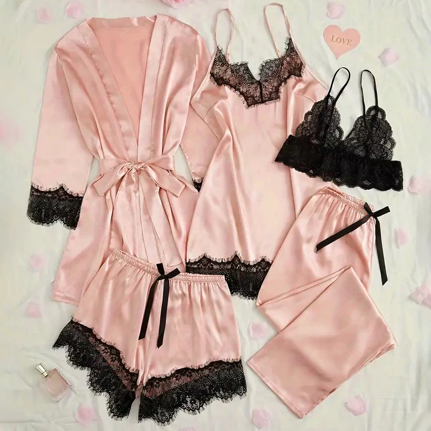 Conjunto de pijama de satén para mujer, lencería Sexy rosa, bata de | Ropa de mujer · Omeda.es - Imagen 13