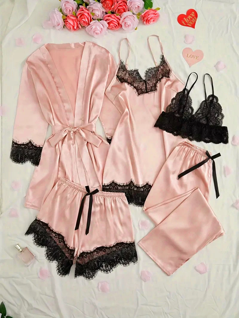Conjunto de pijama de satén para mujer, lencería Sexy rosa, bata de | Ropa de mujer · Omeda.es - Imagen 3
