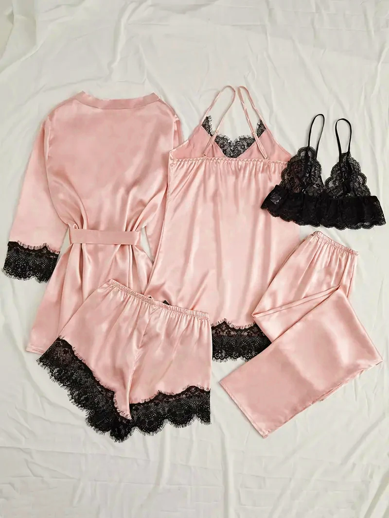 Conjunto de pijama de satén para mujer, lencería Sexy rosa, bata de | Ropa de mujer · Omeda.es - Imagen 4