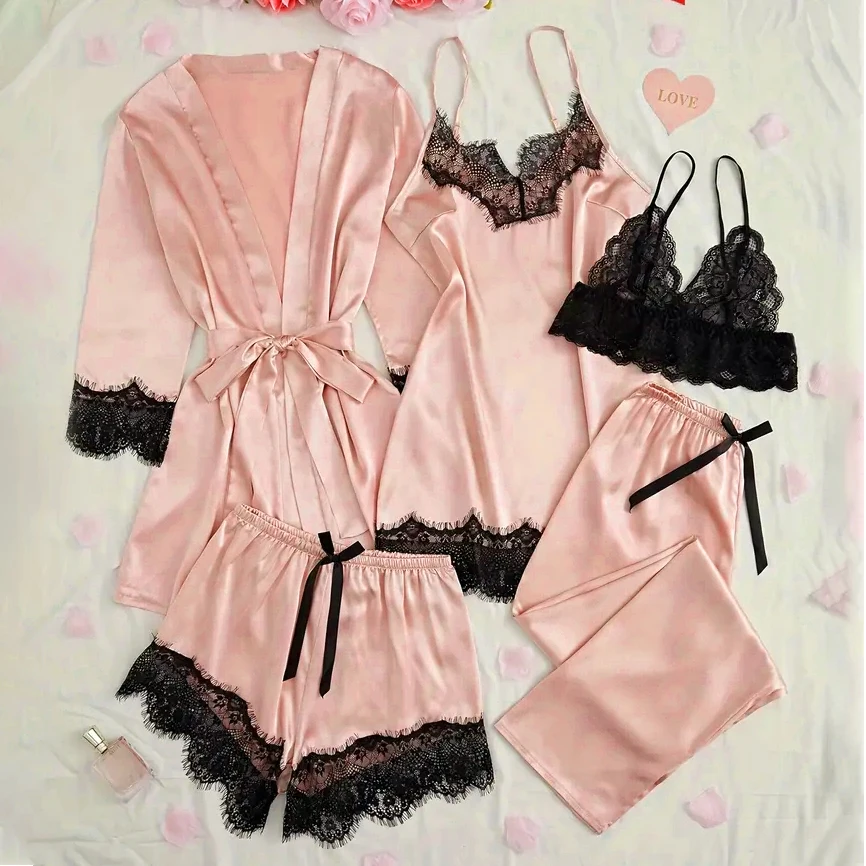 Conjunto de pijama de satén para mujer, lencería Sexy rosa, bata de | Ropa de mujer · Omeda.es - Imagen 9