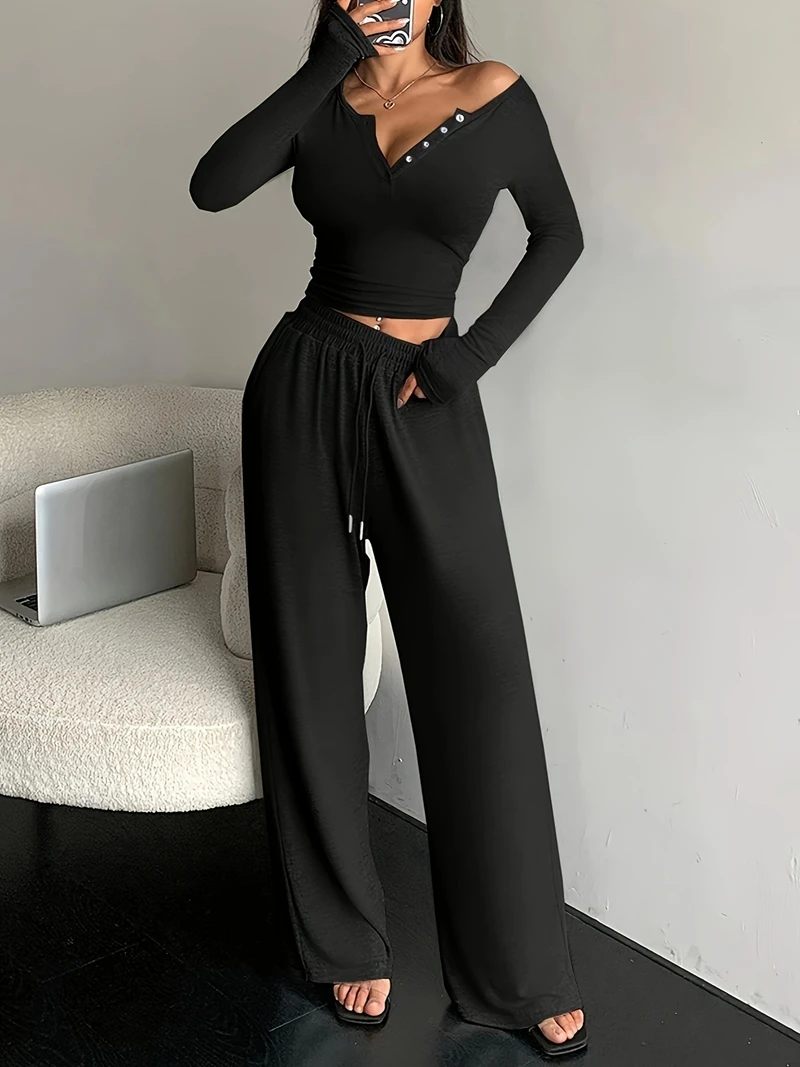 Conjunto de salón liso a la moda, Top decorativo con botones de manga | Ropa de mujer · Omeda.es - Imagen 6