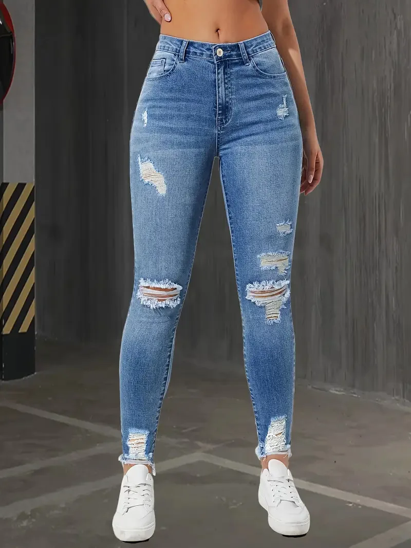 Pantalones vaqueros ajustados a la moda con agujeros para mujer, | Ropa de mujer · Omeda.es