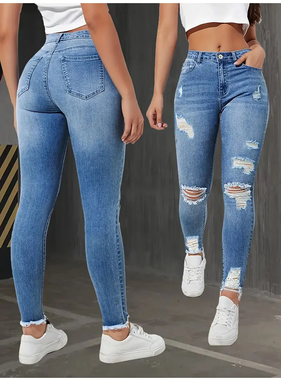 Pantalones vaqueros ajustados a la moda con agujeros para mujer, | Ropa de mujer · Omeda.es - Imagen 4